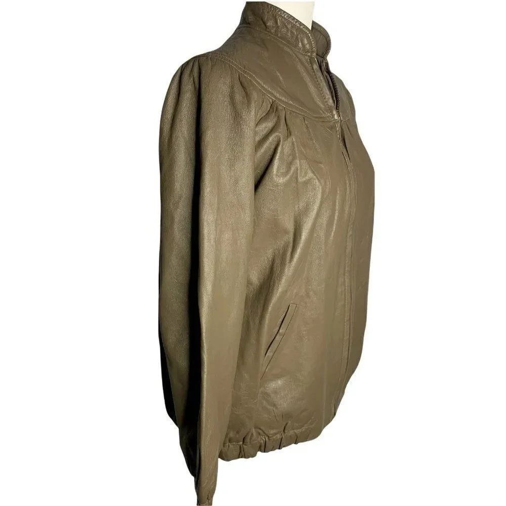 Vintage 70s Leather Jacket S Brown Full Zip High Collar Pockets Lined Union Made